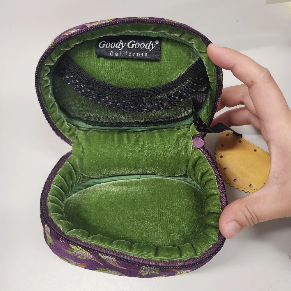 Goody Goody California Green & Purple Brocade Fabric Soft Travel Jewelry Box